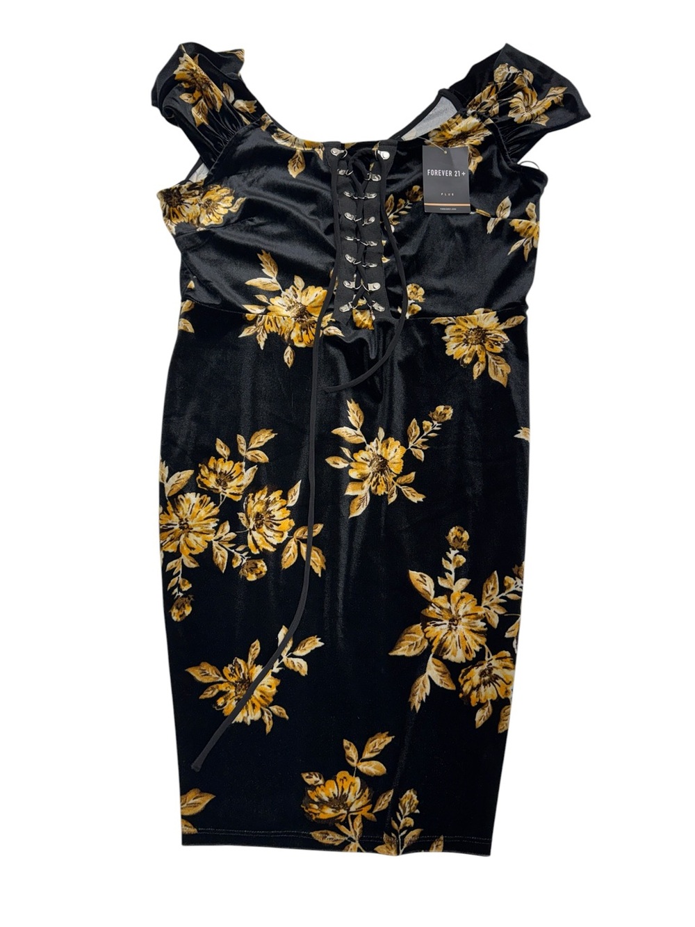 FOREVER 21 PLUS Women’s 0X Black Velvet Floral Mini Dress with lace-up corset - Picture 2 of 4